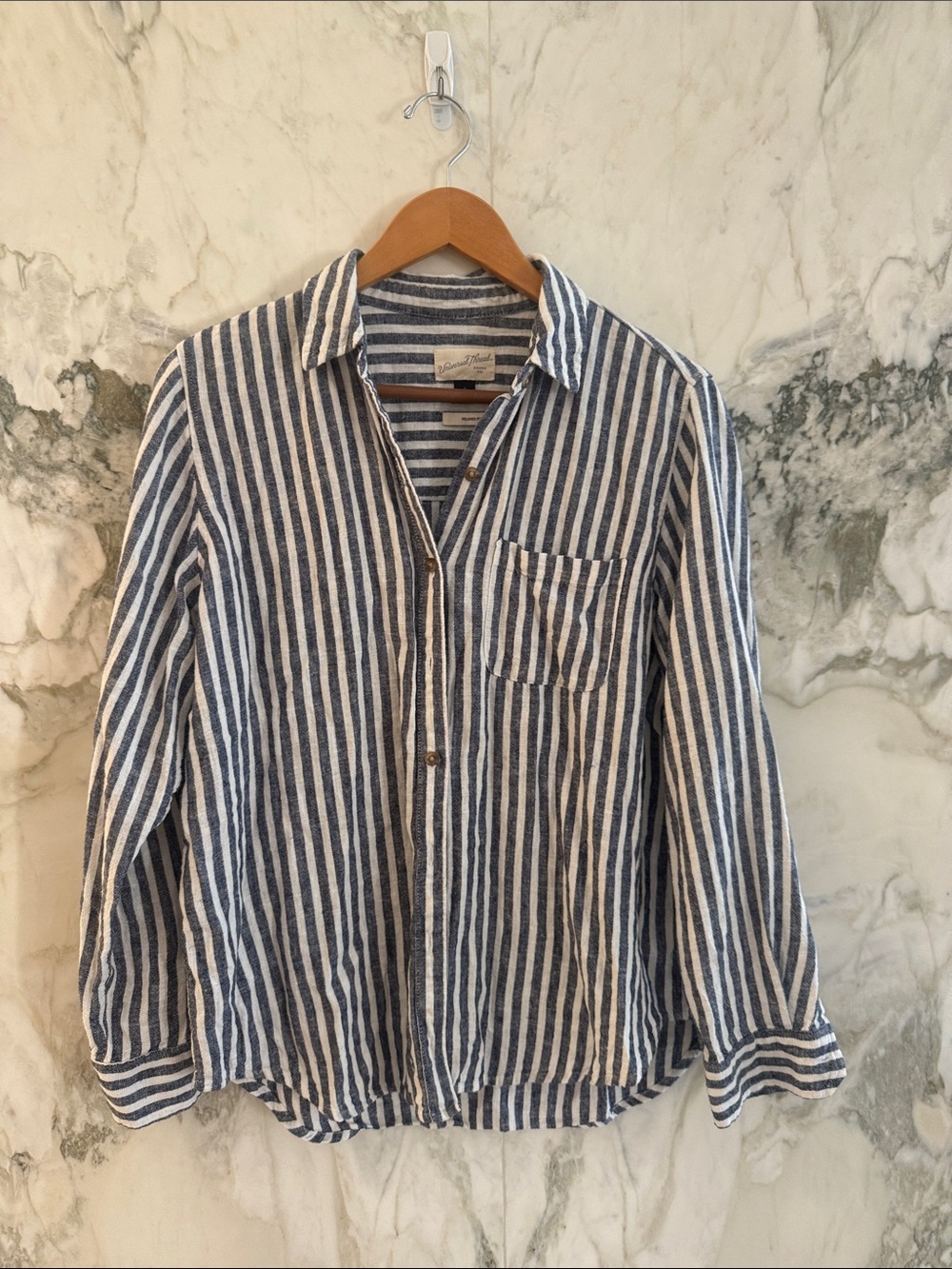 Universal Thread Navy and White Vertical Stripe Button-Down Shirt and shorts set